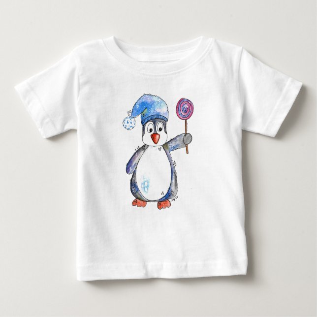 Camiseta Pinguim branco bonito com um pirulito (Frente)