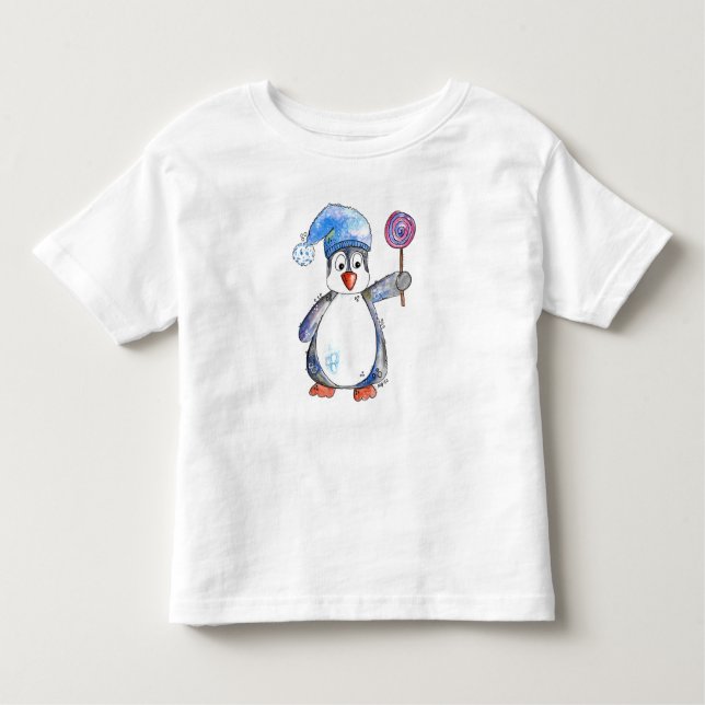 Camiseta Pinguim branco bonito com um pirulito (Frente)