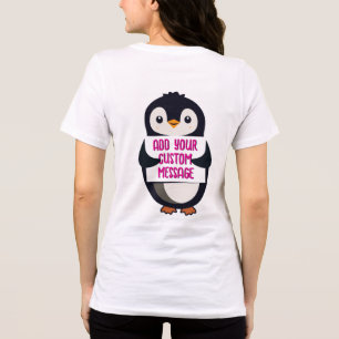 Camiseta Pinguim brincalhão com um sinal para sua mensagem