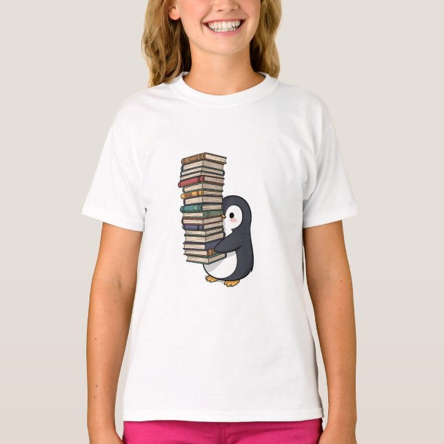 Camiseta Pinguim Carregando Pilha de Livros Crianças (Frente)
