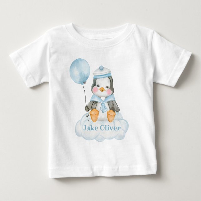 Camiseta Pinguim Cartoon Bebê Azul (Frente)