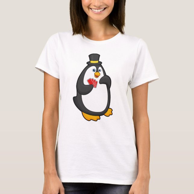 Camiseta Pinguim com chapéu no Poker com cartões Poker (Frente)