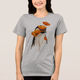 Camiseta Pinguim com Flores de Papoula Laranja Arte Botânic