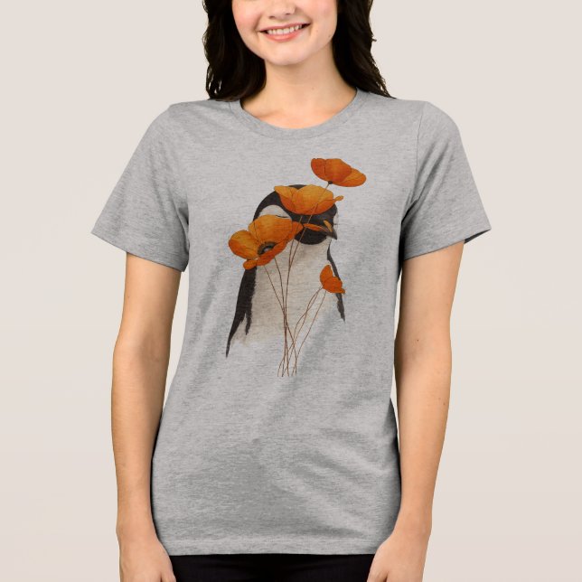 Camiseta Pinguim com Flores de Papoula Laranja Arte Botânic (Frente)