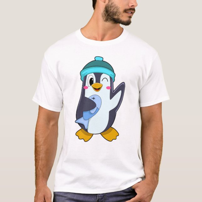 Camiseta Pinguim com Peixe e Chapéu (Frente)