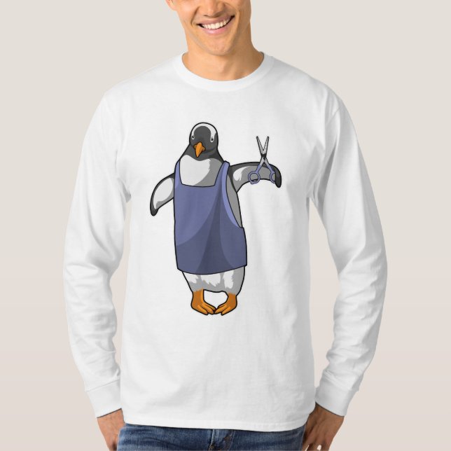 Camiseta Pinguim como cabeleireiro com tesoura (Frente)