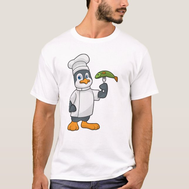 Camiseta Pinguim como cozinheiro com placa de peixe e Cozin (Frente)
