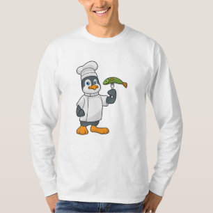 Camiseta Pinguim como cozinheiro com placa de peixe e Cozin