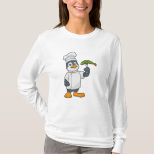 Camiseta Pinguim como cozinheiro com placa de peixe e Cozin