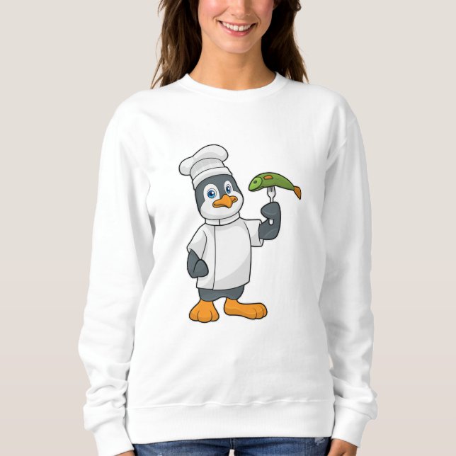 Camiseta Pinguim como cozinheiro com placa de peixe e Cozin (Frente)