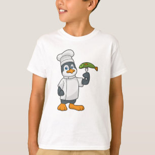 Camiseta Pinguim como cozinheiro com placa de peixe e Cozin