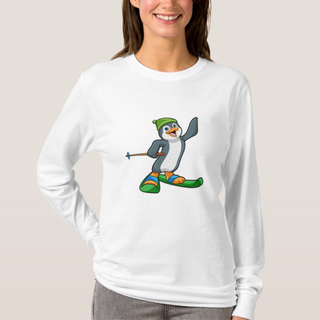 Camiseta Pinguim como esquiador com esqui e Boné (Frente)