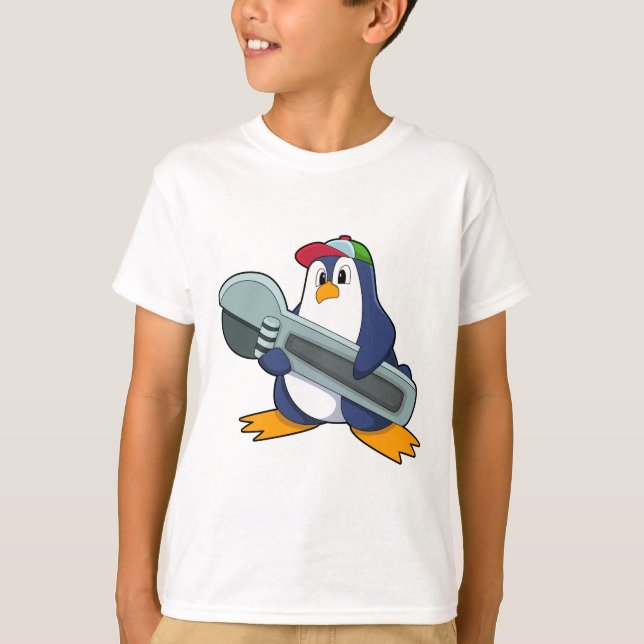 Camiseta Pinguim como Mecânico com Ferramenta (Frente)