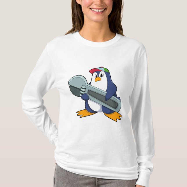 Camiseta Pinguim como Mecânico com Ferramenta (Frente)