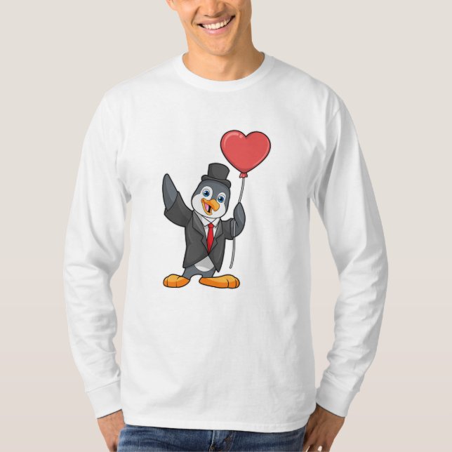 Camiseta Pinguim como Noivo com Balão de Coração (Frente)