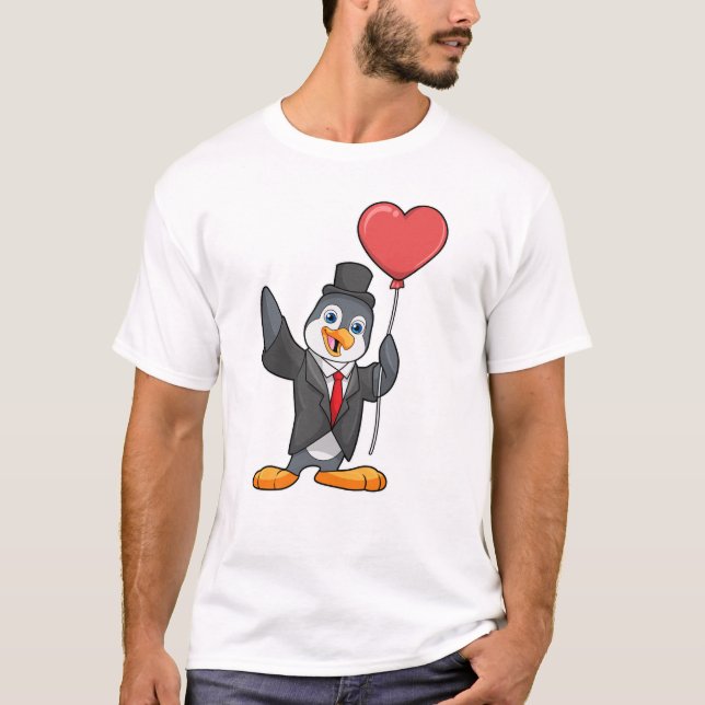 Camiseta Pinguim como Noivo com Balão de Coração (Frente)