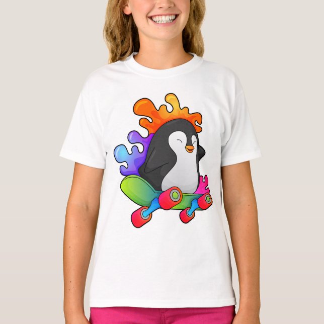 Camiseta Pinguim como Patinador com skate (Frente)