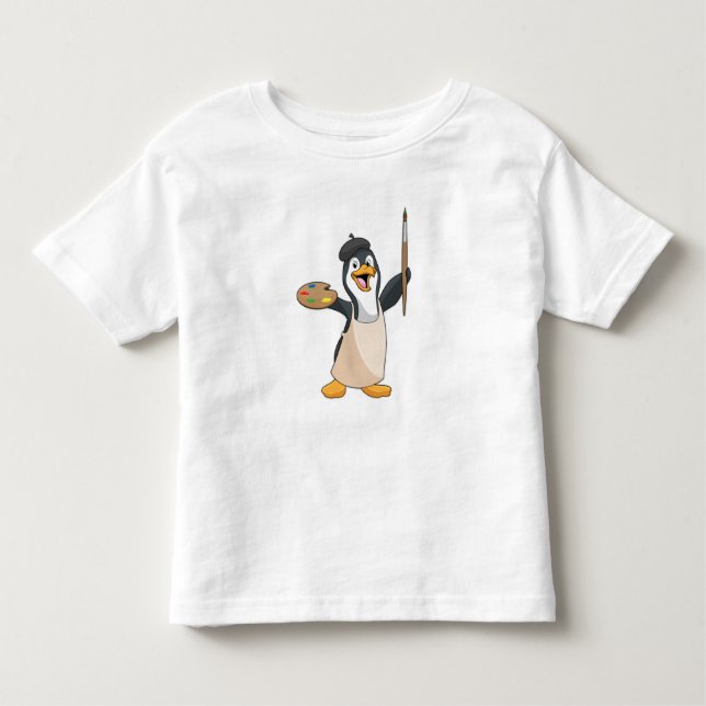 Camiseta Pinguim como Pincel com Pincel de Tinta e Cor (Frente)