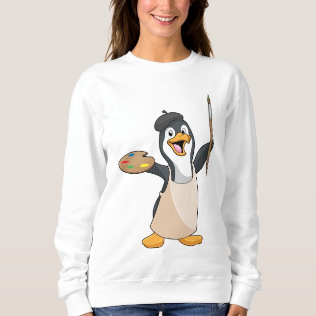 Camiseta Pinguim como Pincel com Pincel de Tinta e Cor (Frente)