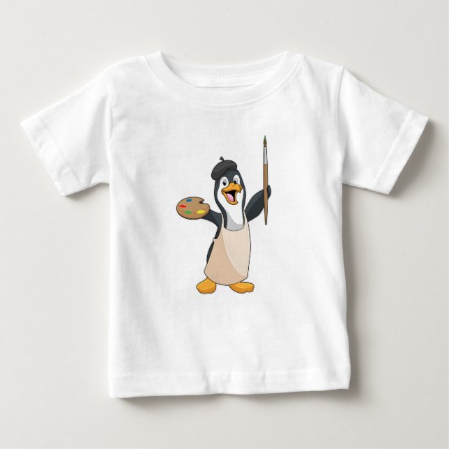 Camiseta Pinguim como Pincel com Pincel de Tinta e Cor (Frente)