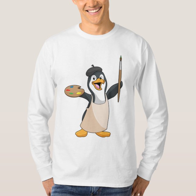 Camiseta Pinguim como Pincel com Pincel de Tinta e Cor (Frente)