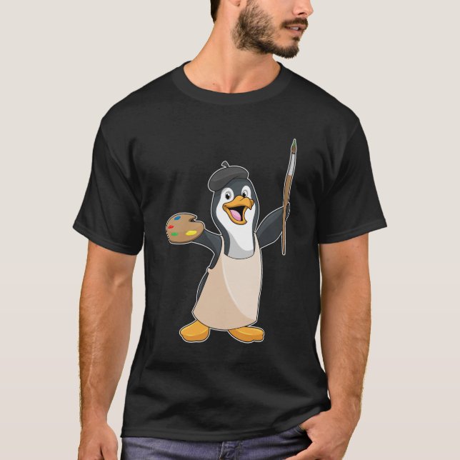 Camiseta Pinguim como Pincel com Pincel de Tinta e Cor (Frente)