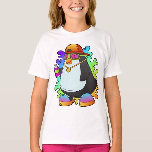 Camiseta Pinguim como Pintor com Spray (Frente)