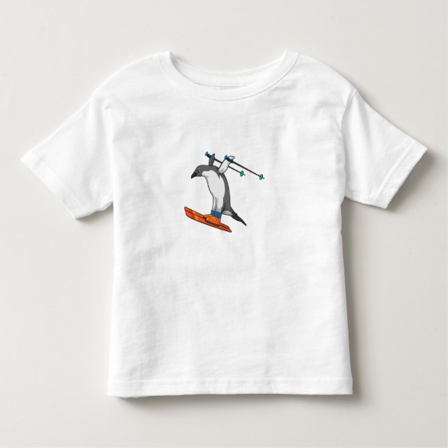 Camiseta Pinguim como saltador de esqui com Esqui (Frente)
