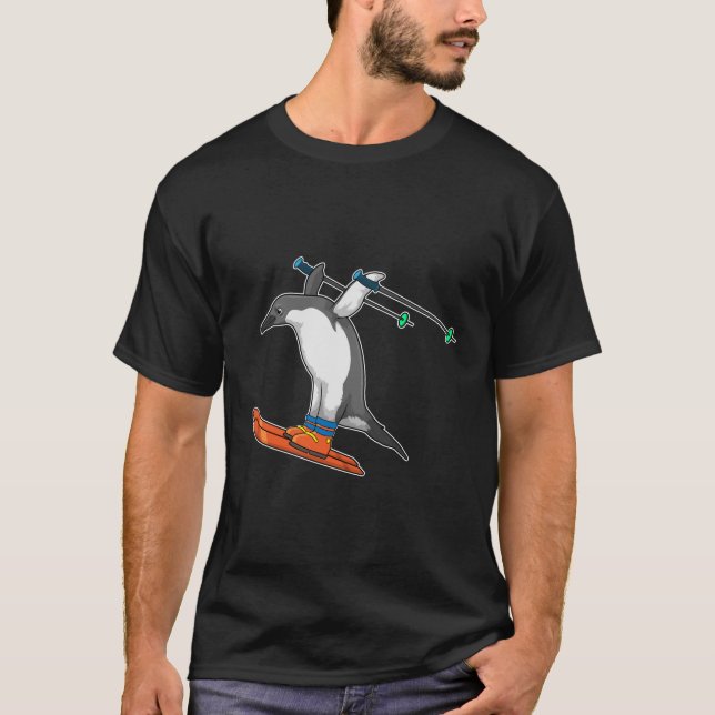 Camiseta Pinguim como saltador de esqui com Esqui (Frente)