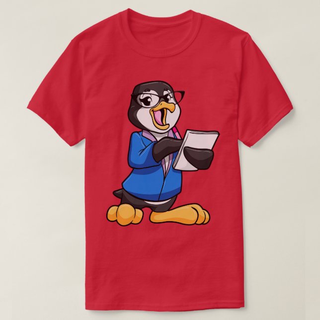 Camiseta Pinguim como Secretário com Caneta de Óculos e Not (Frente do Design)