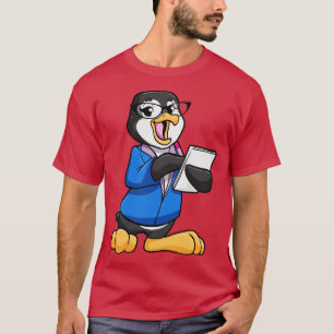 Camiseta Pinguim como Secretário com Caneta de Óculos e Not
