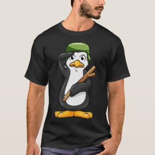 Camiseta Pinguim como Soldado com Capacete e Saudação Milit