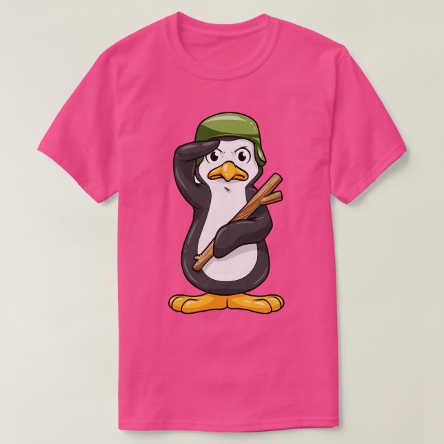 Camiseta Pinguim como Soldado com Capacete e Saudação Milit (Frente do Design)