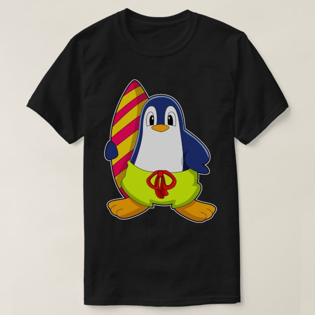 Camiseta Pinguim como Surfer com Surfboard (Frente do Design)