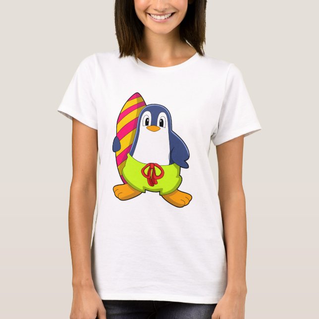 Camiseta Pinguim como Surfer com Surfboard (Frente)