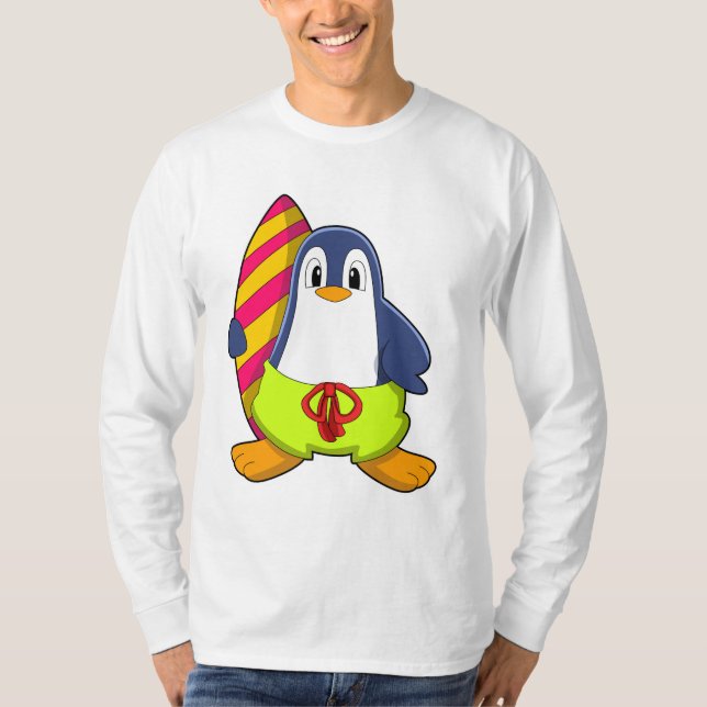Camiseta Pinguim como Surfer com Surfboard (Frente)