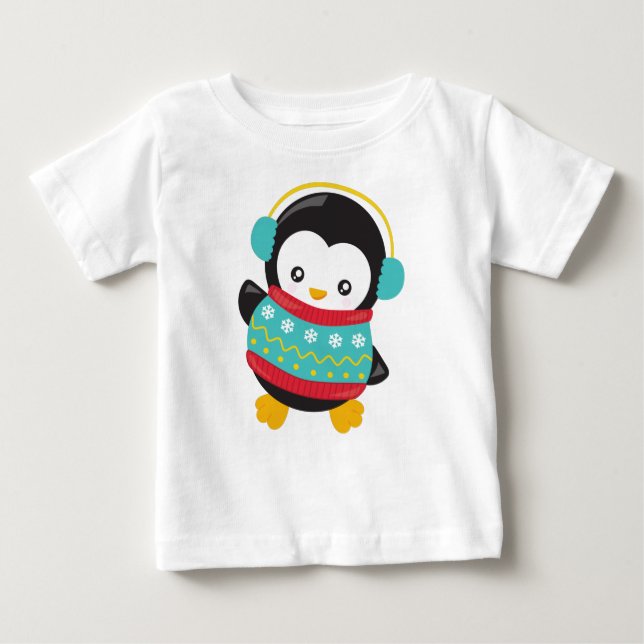 Camiseta Pinguim Cortado, Pinguim Com Suéter, Maçãs De Ouvi (Frente)