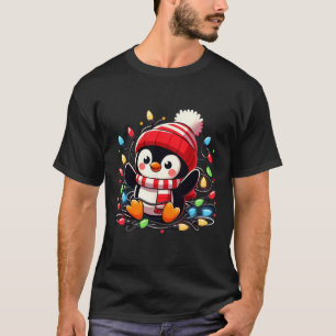 Camiseta Pinguim das Luzes de Natal Vestindo o Xmas Hat Pen