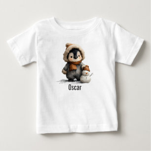 Camiseta Pinguim de Inverno com Desenho de Boneco de Neve