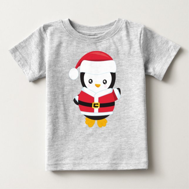 Camiseta Pinguim de Natal, Pinguim com Chapéu de Santa, Cin (Frente)