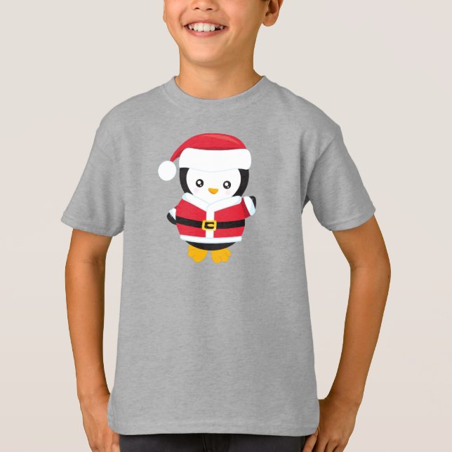 Camiseta Pinguim de Natal, Pinguim com Chapéu de Santa, Cin (Frente)