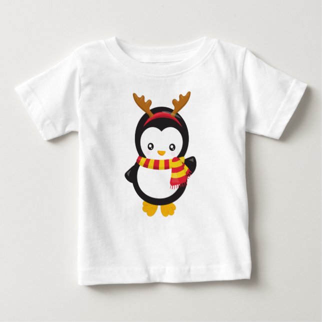 Camiseta Pinguim De Natal, Pinguim Com Scarf, Antlers (Frente)