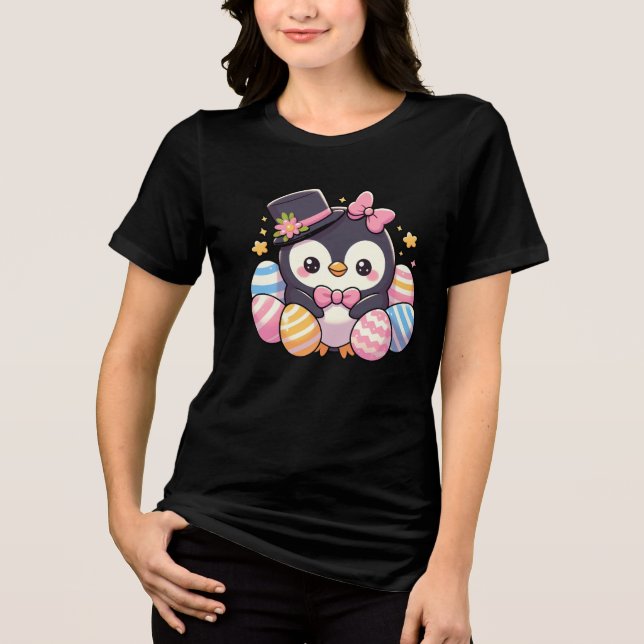 Camiseta Pinguim de Páscoa giro com ovos coloridos Kawaii (Frente)
