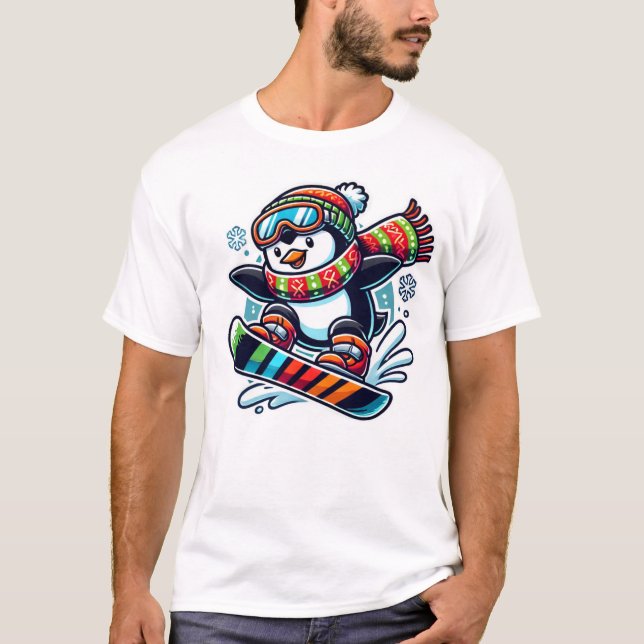 Camiseta pinguim de snowboard no natal (Frente)