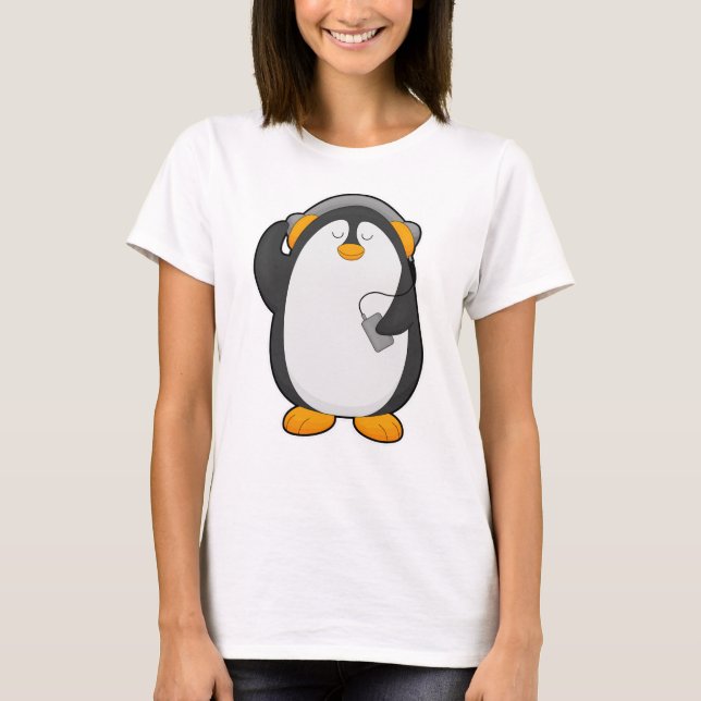 Camiseta Pinguim e telefone celular com fone de ouvido (Frente)