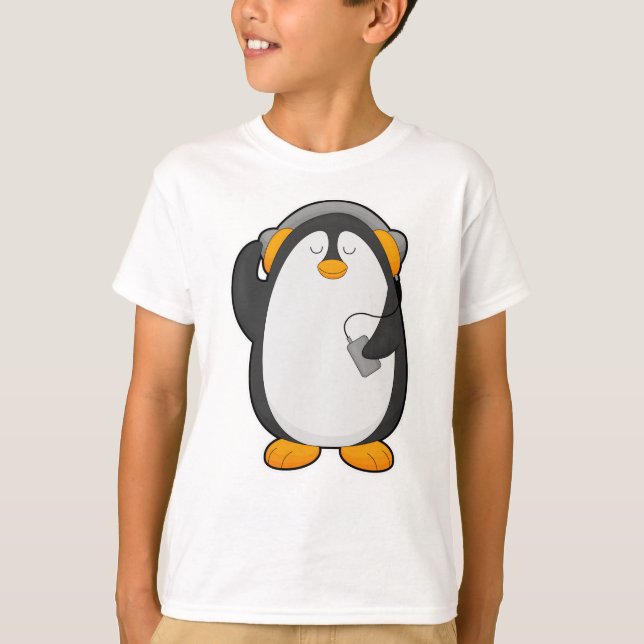 Camiseta Pinguim e telefone celular com fone de ouvido (Frente)