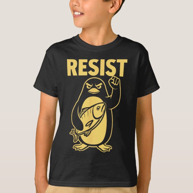 Camiseta Pinguim Engraçado Resiste Pinguins em Protesto Con (Frente)