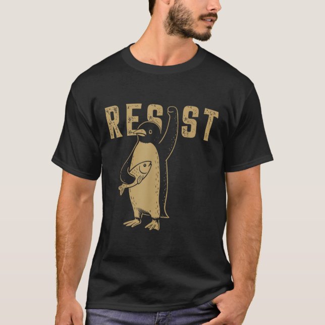 Camiseta Pinguim Engraçado Resiste Pinguins em Protesto Con (Frente)