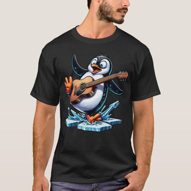 Camiseta Pinguim Engraçado Tocando Guitarra No Gelo (Frente)
