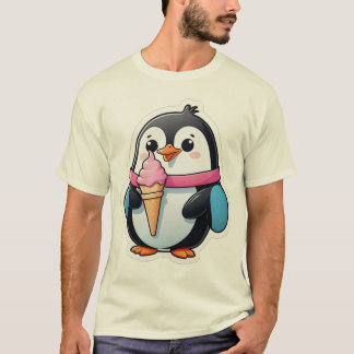 Camiseta Pinguim Fofo com Cone de Sorvete Rosa Cartoon